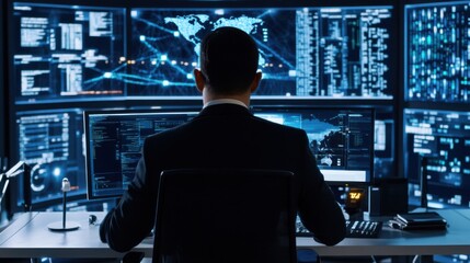 A cybersecurity analyst monitoring network security threats in a cybersecurity operations center, with threat detection tools and cybersecurity alerts, Cyber threat monitoring scene