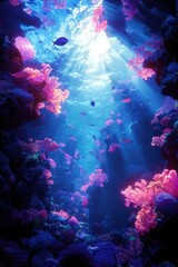 Fototapeta premium Underwater scene sun rays through coral reef with fish; ideal for desktop wallpaper