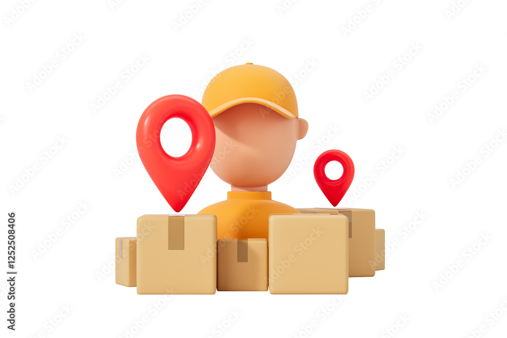 Poster 3d rendering of a courier with parcels and red location pins, representing online delivery tracking.