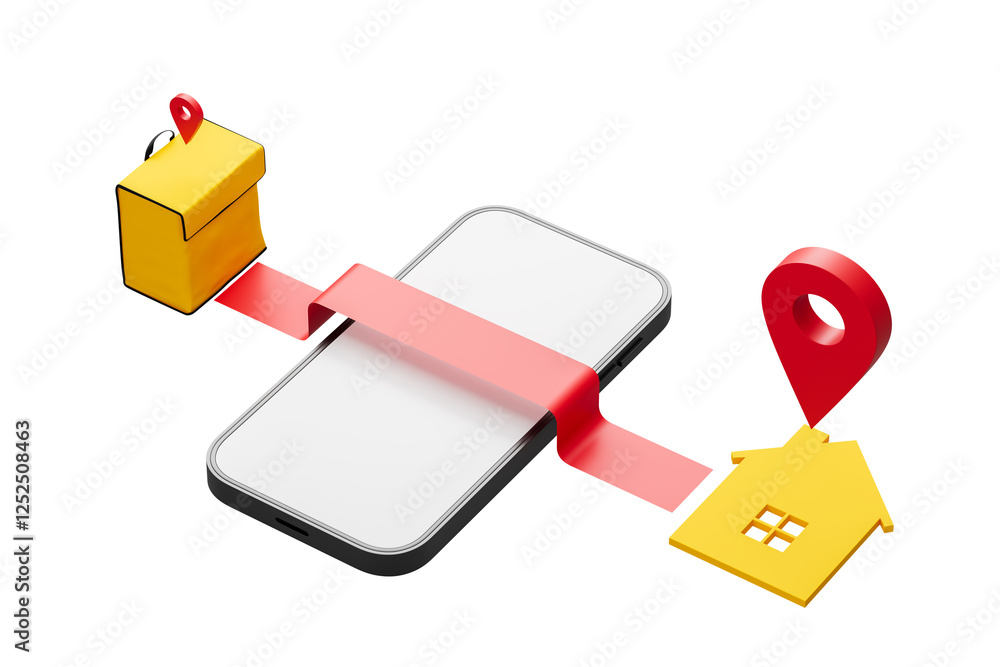 Poster 3d rendering of a delivery concept with a smartphone, package, and location pin connected by a red r