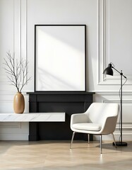 This modern interior scene features a white marble console table with a large empty frame above it. To the left, a decorative branch is in a wooden vase. 