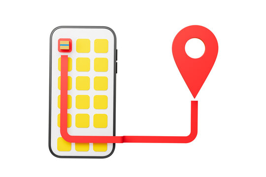 Smartphone with yellow grid icons, red navigation route, and location pin, isolated on white background. Concept of online tracking and delivery. 3D Rendering