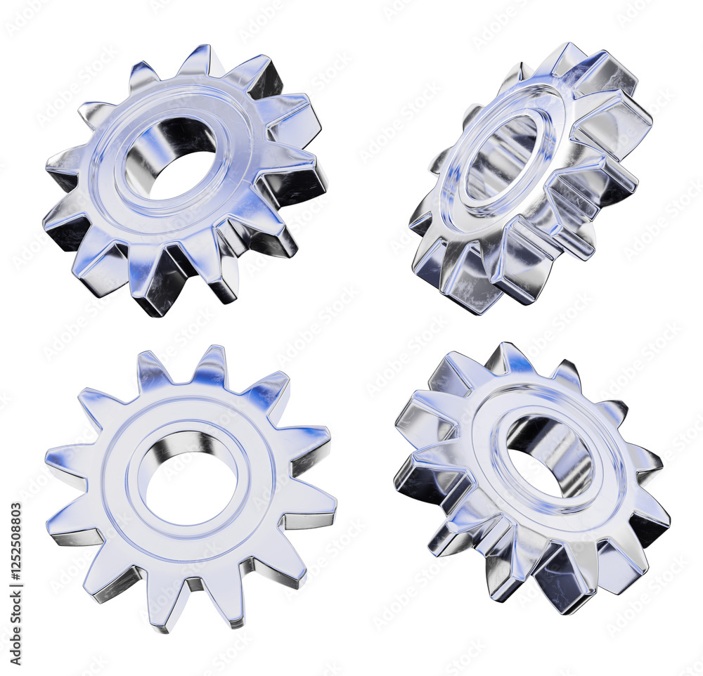 Poster set of four metallic chrome gears isolated on white background, each positioned at different angles.