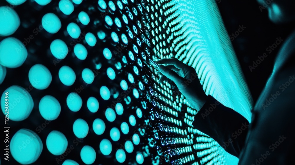 Poster hand interacting with a bright led display in a modern digital environment for technology and innova