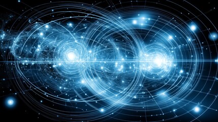 Abstract Blue Energy Field of Concentric Circles and Glowing Points Science and Technology Design.