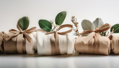 白い背景の上に、オーガニックなコットン素材の布とリボン