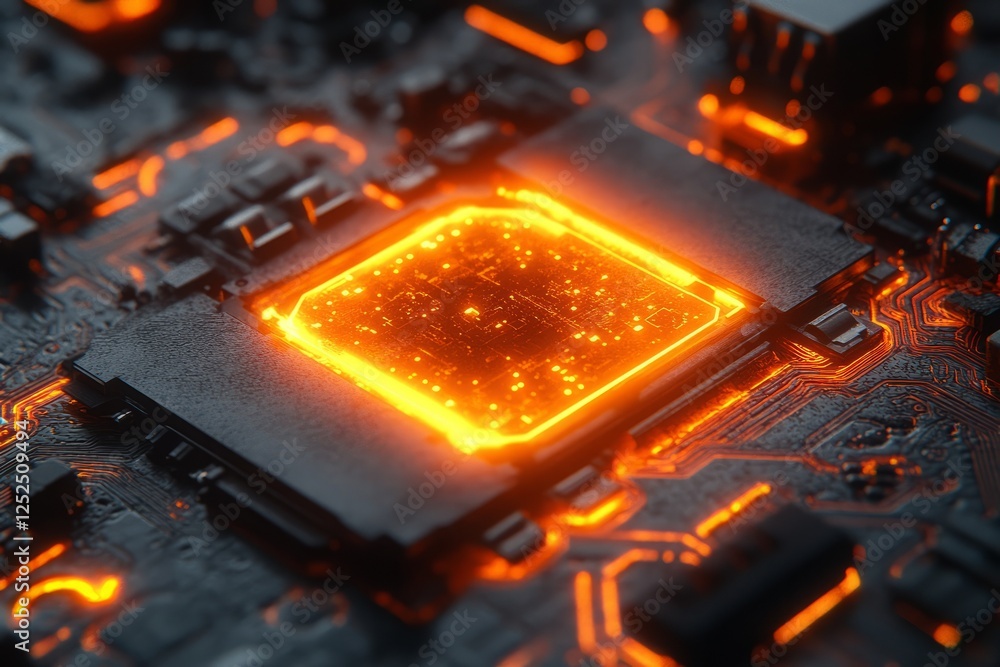 Poster a computer chip is lit up with orange light. background isolate of teachnology.