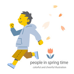 春を喜ぶ男の子　カラフルで楽しいフラットイラスト