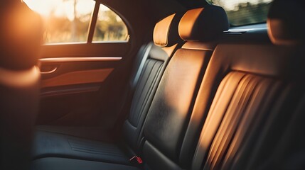 back seats of a luxury car, illuminated by the setting sun. The leather upholstery is a combination of dark brown and tan.