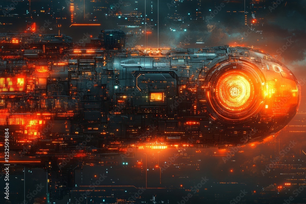 Poster a large, glowing, metallic spaceship is flying through the sky. background isolate of teachnology.