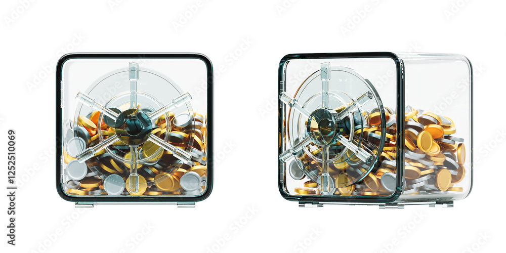 Poster transparent glass safe filled with gold and silver coins, featuring a secure vault-style locking mec