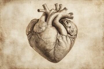 Anatomical heart detailed drawing on an aged parchment background