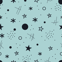 Abstract Seamless Pattern. Memphis Modern Print. Black Elements on Blue Background. Sample can be used for Fabric, Cover, Wrapping Paper, Mugs. Vector Illustration