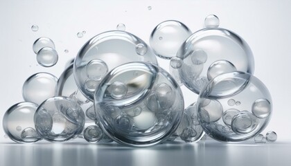白い背景上に、互いに独立しながらも重なり合う透明な泡