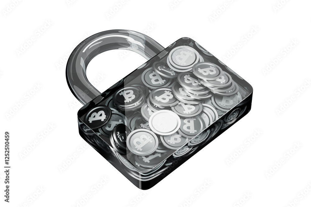 Poster transparent padlock containing bitcoin coins, representing secure cryptocurrency storage. 3d renderi