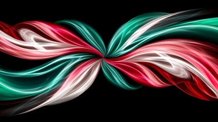 Abstract Floral Symmetry Design in Red Teal and White with Dynamic Ribbon Waves on Dark Backdrop.