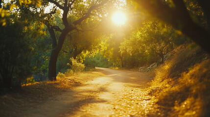 Obraz premium Golden sunlight illuminates a tranquil forest path, evoking peace and natural harmony.