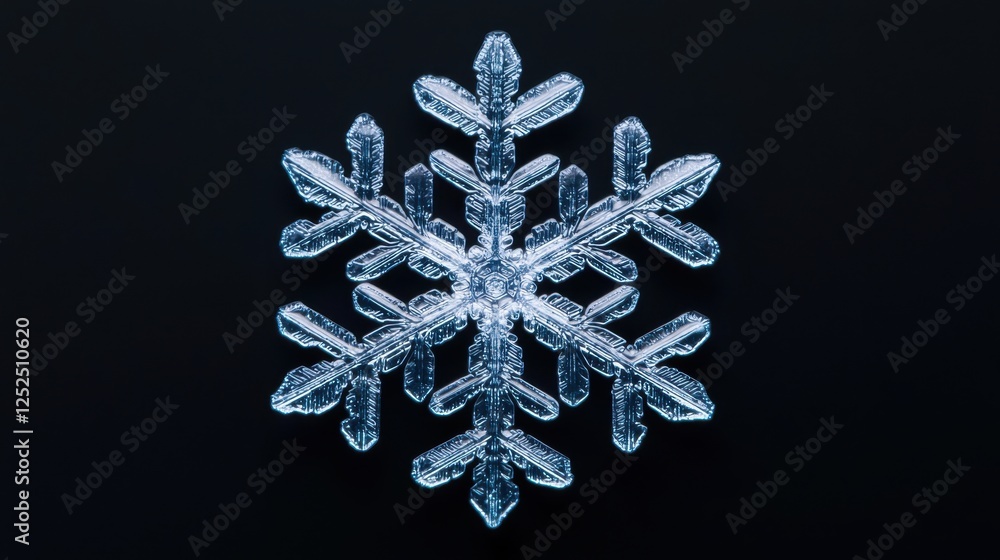 Poster intricate crystal snowflake with unique symmetry and detail against a dark background