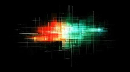 Fototapeta premium Abstract Geometric Composition with Luminous Blocks and Intersecting Lines on a Dark Backdrop.