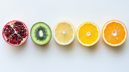 Colorful Arrangement of Fresh Fruit Slices Including Pomegranate Kiwi Lemon and Orange
