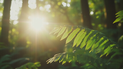 Tranquil forest bathed in soft sunlight, earthy tones blending harmoniously, evoking peace and natural serenity.