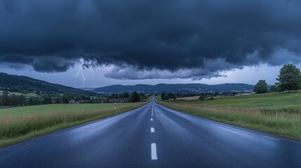 Fototapeta premium Dramatic Storm Clouds Over a Long Empty Road Through Lush Countryside Landscape