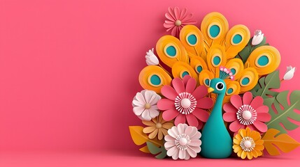 Obraz premium Colorful Paper Craft Peacock Surrounded by Vibrant Floral Design