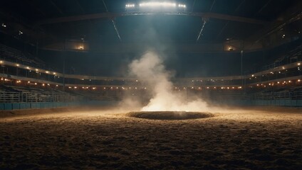 A quiet and empty rodeo arena filled with smoke under blindingly bright lights, highlighting a haunting 