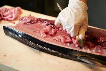 Fresh tuna sashimi on a cutting board