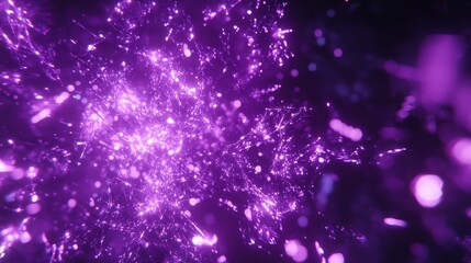 Abstract Purple Spark Explosion Digital Background with Bokeh Effect and Glowing Particles Decoration.
