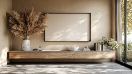 Minimalist Living Room Interior with Wooden Furniture and Natural Light Filtering through Windows