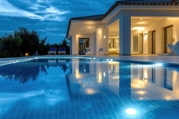 Luxury villa poolside, evening twilight, tranquil scene, real estate