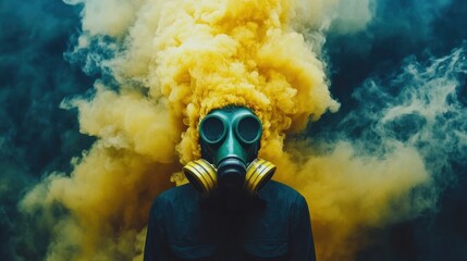 Mysterious Portrait of a Person Wearing a Gas Mask Surrounded by Yellow Smoke Clouds