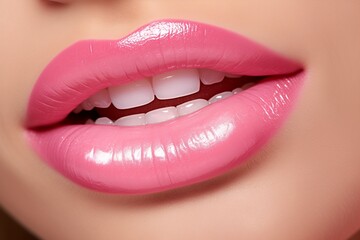 Obraz premium a close-up of a person's lips, which are painted with a bright pink lipstick.
