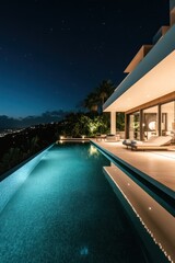Luxury villa night poolside view