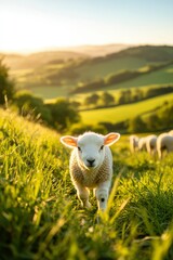 Fototapeta premium Lamb running in a green field during sunset. Background shows rolling hills