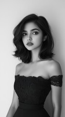 Fototapeta premium Black and white portrait of young asian female in elegant off-shoulder dress