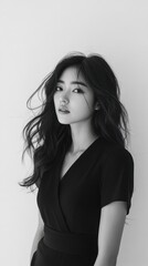 Young asian female in elegant black outfit with flowing hair
