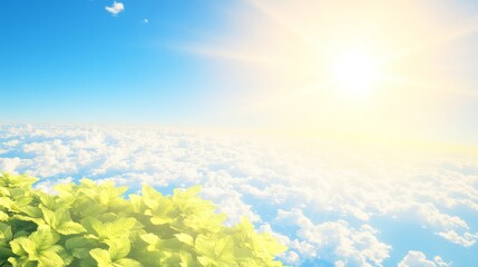 Obraz premium Aerial View of Lush Green Foliage Overlooking a Sea of Clouds Bathed in Sunlight and Blue Sky Hues.