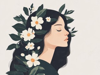Young asian female with floral hair adorned by white flowers and green leaves