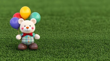 Cute teddy bear holding colorful balloons on green grass background