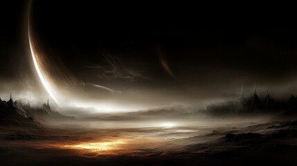Alien World with Distant Planet and Mysterious Fog Landscape Fantasy Sci Fi Ambience.