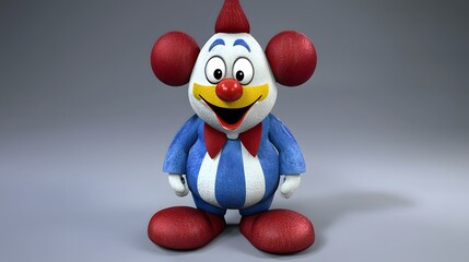 Colorful cartoon clown character with red and blue attire smiling brightly