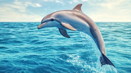 Naklejka premium A baby dolphin jumping out of turquoise water, its sleek body glistening, with a soft focus on the ocean horizon.