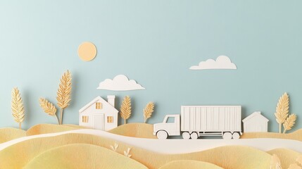 Fototapeta premium Paper art landscape with truck on countryside road under blue sky