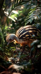 Obraz premium A baby cassowary chick foraging in a rainforest, its striped feathers glowing, with a soft focus on lush greenery.