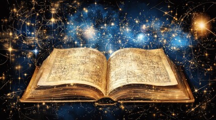 Obraz premium Ancient Tome Amidst Celestial Stardust A Portal to Cosmic Knowledge and Mystical Dimensions.