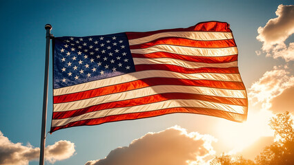 Waving american flag at sunset outdoor scene photography patriotic environment inspirational viewpoint