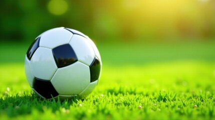 Fototapeta premium A close-up view of a soccer ball resting on vibrant green grass, bathed in warm sunlight, symbolizing the thrill of the game and the joy of outdoor sports