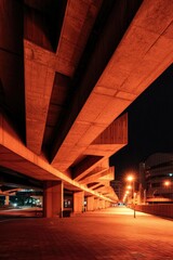 Highway overpass illuminated at night with city buildings in background. Use for design